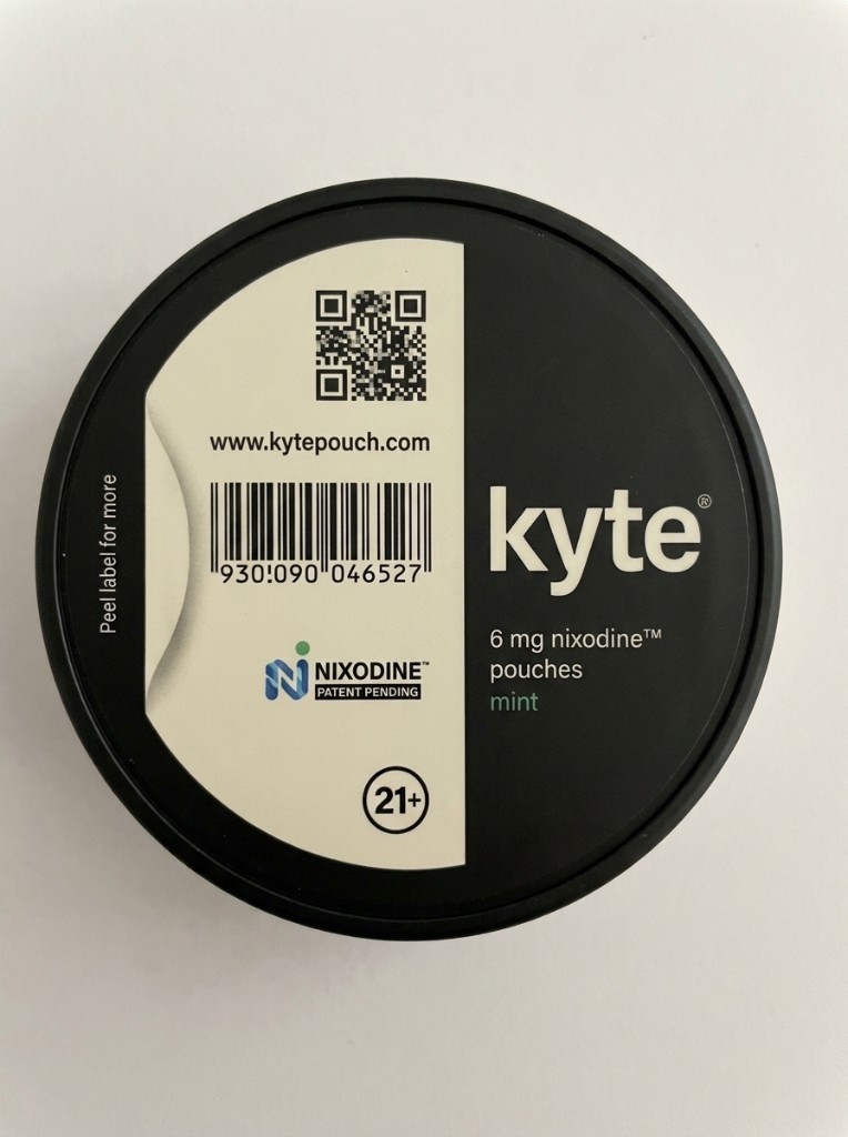 Kyte mint tin, back label showing full ingredient list and batch info